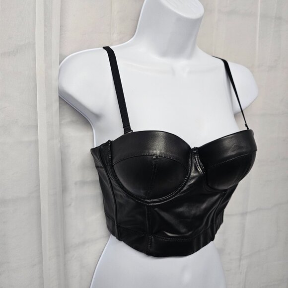 Black Faux Leather Tank Crop Vamp Grunge Punk Goth Pushup 34B - Picture 2 of 10